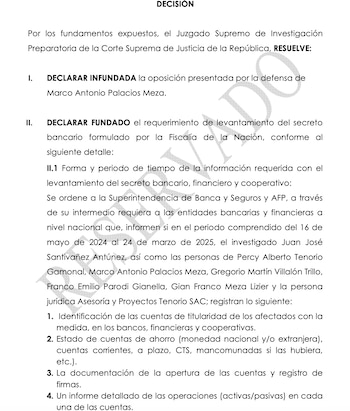 PJ autoriza levantamiento del secreto bancario de Juan José Santiváñez