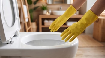 Primer plano de un inodoro blanco impecable con la tapa abierta y dos manos con guantes amarillos de limpieza acercándose, en un baño luminoso.