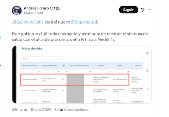 El congresista Andrés Forero informó sobre el nombramiento de Daniel Quintero en la Superintendencia de Salud - crédito @AForeroM/X