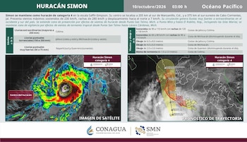 Infografía con datos meteorológicos, mapas satelitales del huracán Simon, tablas de precipitaciones y logotipos de CONAGUA y SMN