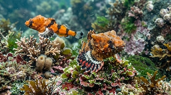 Dos peces de color anaranjado con franjas oscuras nadan sobre un fondo de corales y algas multicolores.