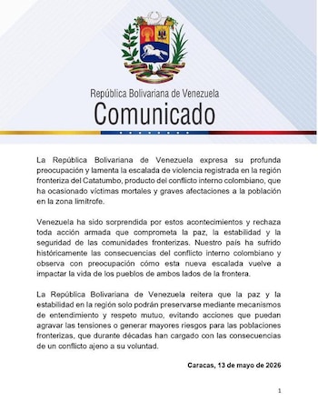 La República Bolivariana de Venezuela hizo pública su reacción a la reciente escalada de violencia en la zona fronteriza del Catatumbo - crédito República de Venezuela