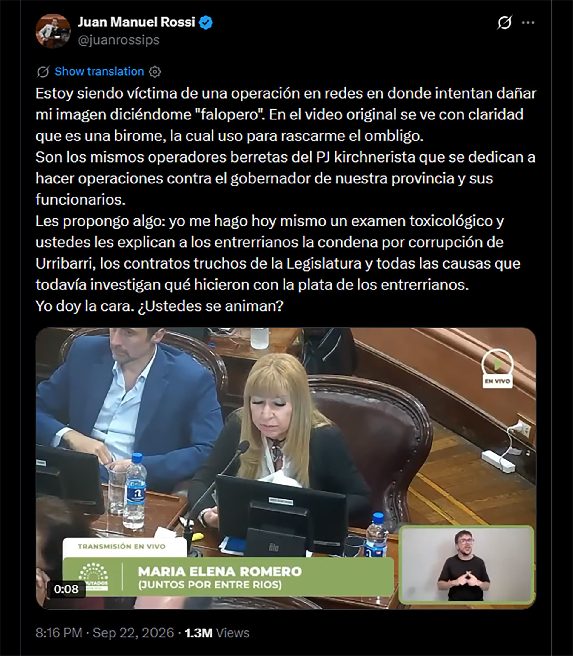 El diputado provincial de Entre Ríos Juan Manuel Rossi desmiente las acusaciones en redes sociales