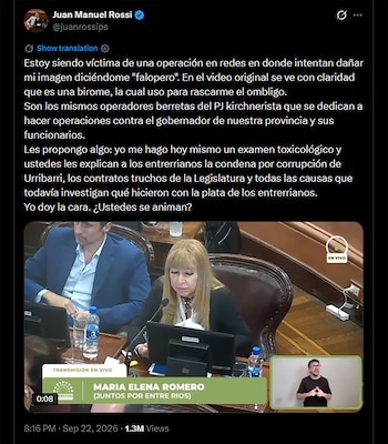 Captura de pantalla de una publicación en la red social X del usuario Juan Manuel Rossi con un video adjunto de una sesión legislativa