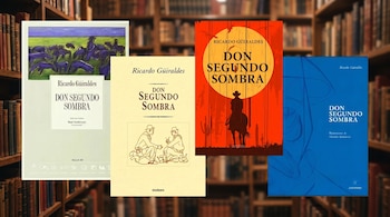 Cuatro tapas de libro de "Don Segundo Sombra" de Ricardo Güiraldes superpuestas sobre el fondo desenfocado de una biblioteca con estanterías llenas de libros.