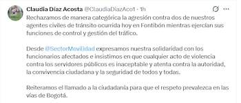 La secretaria de Movilidad, Claudia Díaz, rechazó la agresión en Fontibón y expresó respaldo a los agentes de tránsito afectados - crédito Secretaría de Movilidad