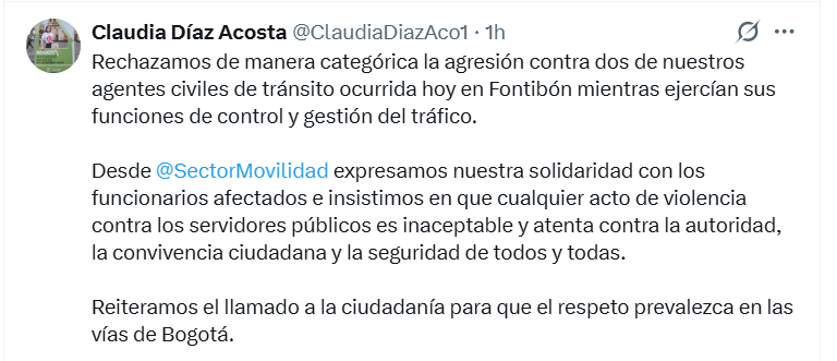 La secretaria de Movilidad, Claudia Díaz, rechazó la agresión en Fontibón y expresó respaldo a los agentes de tránsito afectados - crédito Secretaría de Movilidad