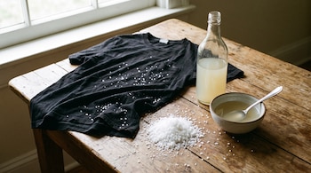 Una camiseta negra, sal de grano esparcida y en un montón, una botella con líquido claro, y un cuenco con una cuchara sobre una mesa de madera.