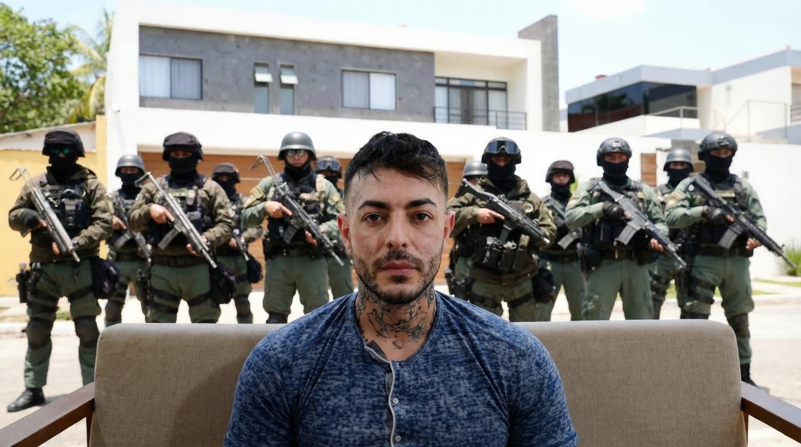 El narcotraficante Sebastián Marset aparece sentado en un sillón, custodiado por un grupo de militares fuertemente armados frente a una casa moderna