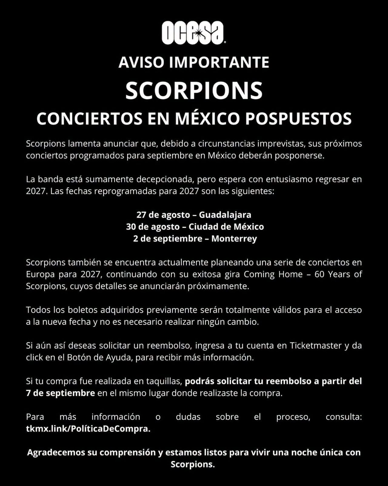 Comunicado de OCESA sobre la reprogramación de los conciertos de Scorpions en México