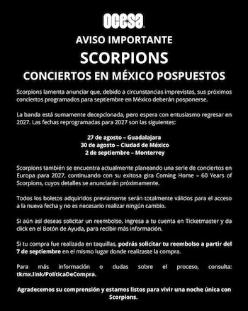 Comunicado de OCESA sobre la reprogramación de los conciertos de Scorpions en México