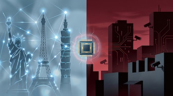 Ilustración dual: izquierda, iconos y red azul; derecha, ciudad oscura con cámaras y circuitos rojos. Microchip central.