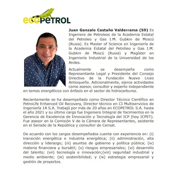 Juan Gonzalo Castaño cuenta con más de dos décadas de experiencia en Ecopetrol y formación especializada en ingeniería de petróleos y gestión energética - crédito Ecopetrol