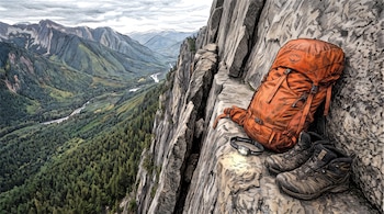 Ilustración de una mochila naranja, botas de montaña y linterna encendida en la cornisa rocosa de un acantilado frente a un valle.