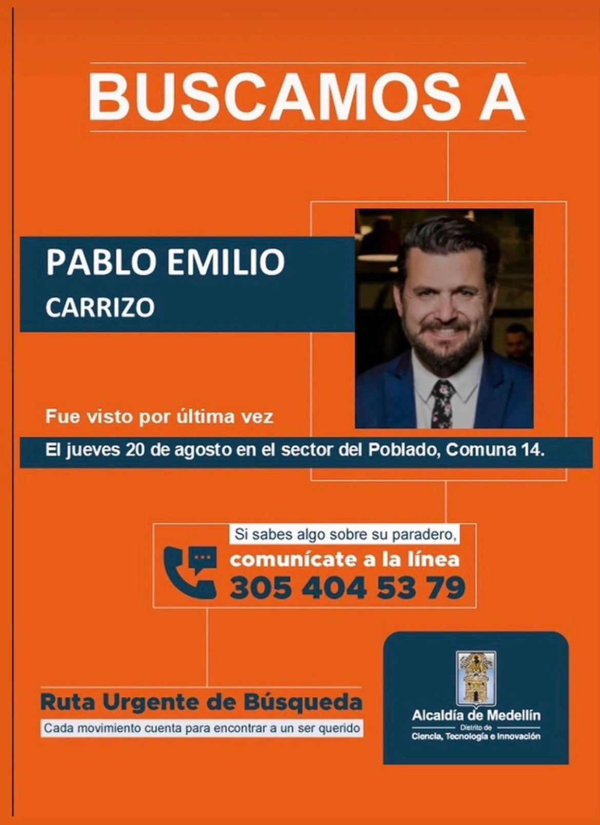 Este es el cartel de búsqueda de Pablo Carrizo - crédito Alcaldía de Medellín