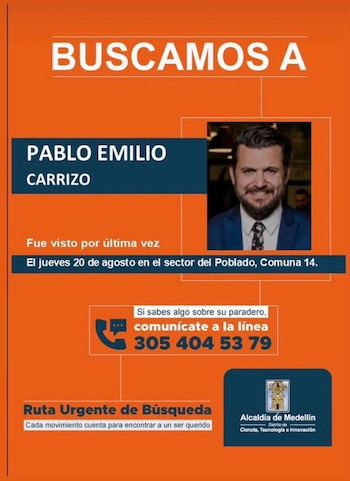 Este es el cartel de búsqueda de Pablo Carrizo - crédito Alcaldía de Medellín