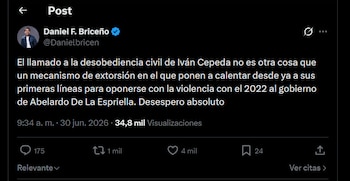 Daniel Briceño, del Centro Democrático, calificó el llamado de Iván Cepeda a la desobediencia civil como una extorsión contra el nuevo gobierno - crédito X