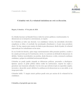 La Alianza de Asociaciones y Gremios llamó a proteger la institucionalidad y advirtió sobre los riesgos de cuestionar los resultados electorales sin pruebas - crédito X