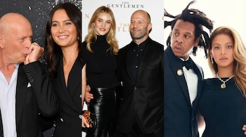 Composición de tres fotografías que muestran de izquierda a derecha: Bruce Willis besando la mano de Emma Heming, Rosie Huntington-Whiteley y Jason Statham sonriendo, y Jay-Z junto a Beyoncé.