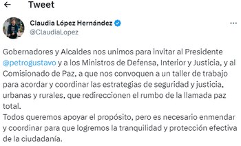 Claudia López se unió a otros dirigentes para hacer un llamado al Gobierno nacional y rediseñar una ruta de seguridad en el país. Cortesía: @ClaudiaLopez