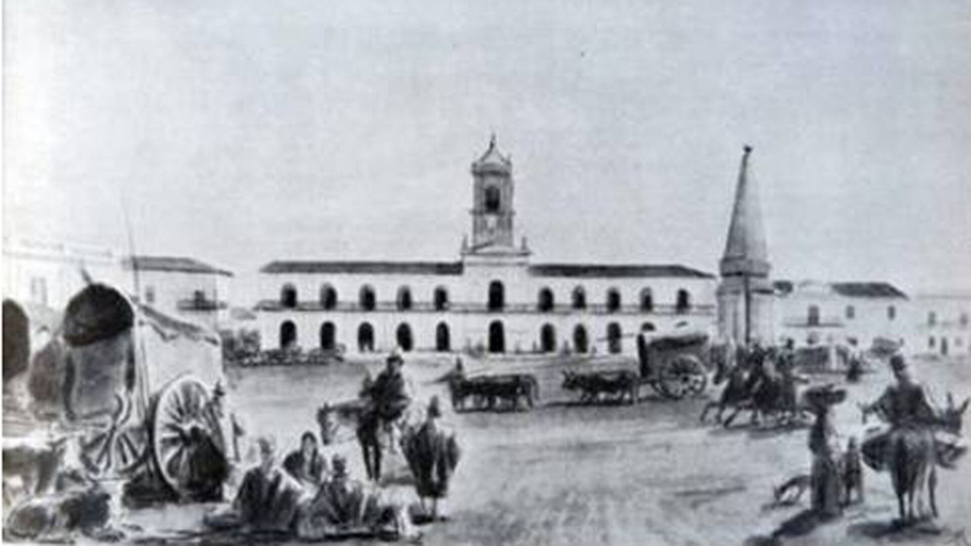 El edificio del cabildo en todo su esplendor y frente a él, la pirámide. La plaza era de tierra y era transitada por los vecinos, carretas y jinetes