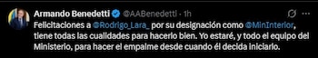 El ministro del Interior, Armando Benedetti, felicitó a Rodrigo Lara y ofreció iniciar el proceso de empalme cuando el designado lo considere pertinente - crédito Armando Benedetti/X