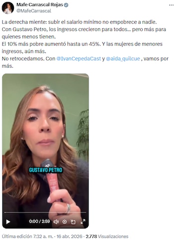 Mafe Carrascal mostró cifras de crecimiento en los ingresos más bajos - crédito @MafeCarrascal/X