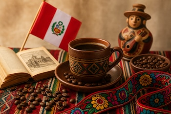 Taza de café sobre su plato, granos de café, un libro abierto, una cinta bordada, una bandera de Perú y una figura de cerámica sobre un mantel.