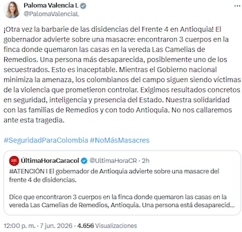 Paloma Valencia pede maior presença estatal em Antioquia após novo massacre - crédito @PalomaValenciaL/X