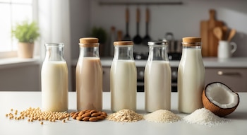 Cinco botellas de vidrio con distintas leches vegetales, acompañadas de granos de soja, almendras, avena, arroz y coco partido, sobre una mesada de cocina.