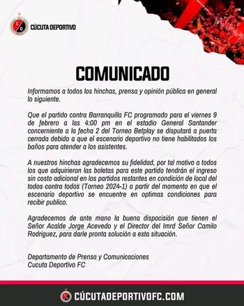 El equipo de la capital de Norte de Santander tuvo que publicar un comunicado oficial dirigido a los hinchas que compraron la boleta - crédito Cúcuta Deportivo Oficial