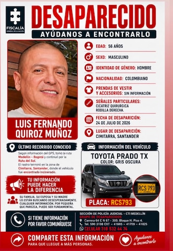 Luis Fernando Quiroz Muñoz salió de Medellín el 24 de julio para negociar la compra de un lote en Doradal y desde entonces se perdió toda comunicación con él - crédito X
