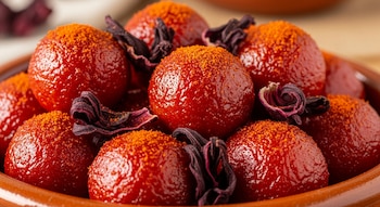 Un plato de barro con varias bolitas redondas de color rojo intenso, cubiertas con chile en polvo y decoradas con hojas secas de jamaica.