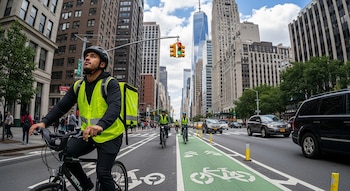 Repartidor en bicicleta con casco y chaleco amarillo fluorescente en una bicisenda verde en Manhattan, con edificios altos y semáforos visibles.