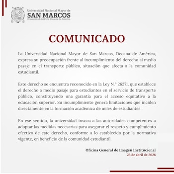 Comunicado oficial de la Universidad Nacional Mayor de San Marcos en papel blanco, con el logo institucional y texto impreso sobre el medio pasaje