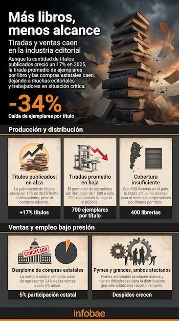 Infografía detallando la crisis editorial con una pila de libros desintegrándose, gráficos sobre títulos, tiradas, cobertura, ventas estatales y empleo.