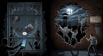 Ilustración oscura de una cárcel: a la izquierda, equipos prohibidos entran por ventana rota; a la derecha, presos se fugan por un muro con un agujero bajo la luna.
