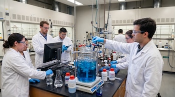 Cinco científicos con batas blancas y gafas de seguridad trabajan en un laboratorio, con un gran reactor de vidrio con líquido azul en el centro.