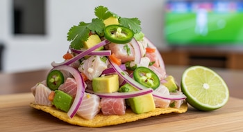 Primer plano de una tostada de ceviche con pescado, aguacate, cebolla morada, cilantro, jalapeño y un limón. Al fondo, una TV muestra un partido de fútbol.