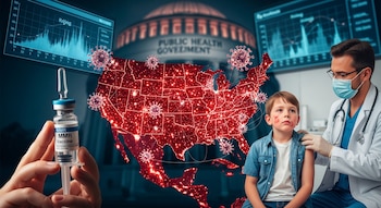 Mapa rojo de Estados Unidos con puntos de brote y virus, mano con jeringa y frasco de vacuna MMR, niño con erupción cutánea, médico con mascarilla, edificio y gráficos.