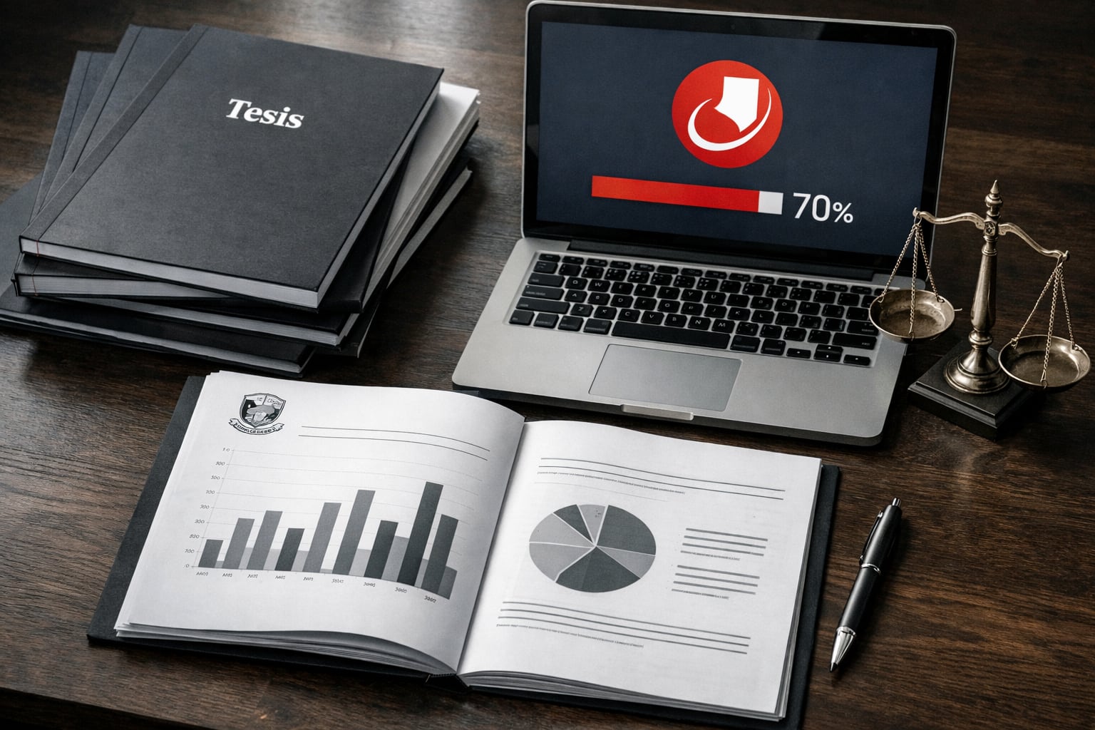 Sobre una mesa oscura, tesis apiladas y un informe con gráficos se examinan junto a una laptop que muestra 70% de similitud en Turnitin, aludiendo a la evaluación académica y controversias por plagio. (Imagen Ilustrativa Infobae)