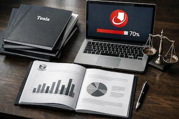 Mesa de madera con pila de libros de tesis, informe técnico abierto con gráficos, laptop mostrando logo Turnitin y 70% de similitud, y una balanza.