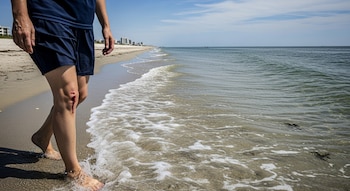 Persona con pantalones cortos y camiseta, camina descalza por la orilla de una playa con una herida en la rodilla izquierda; el mar y edificios al fondo.