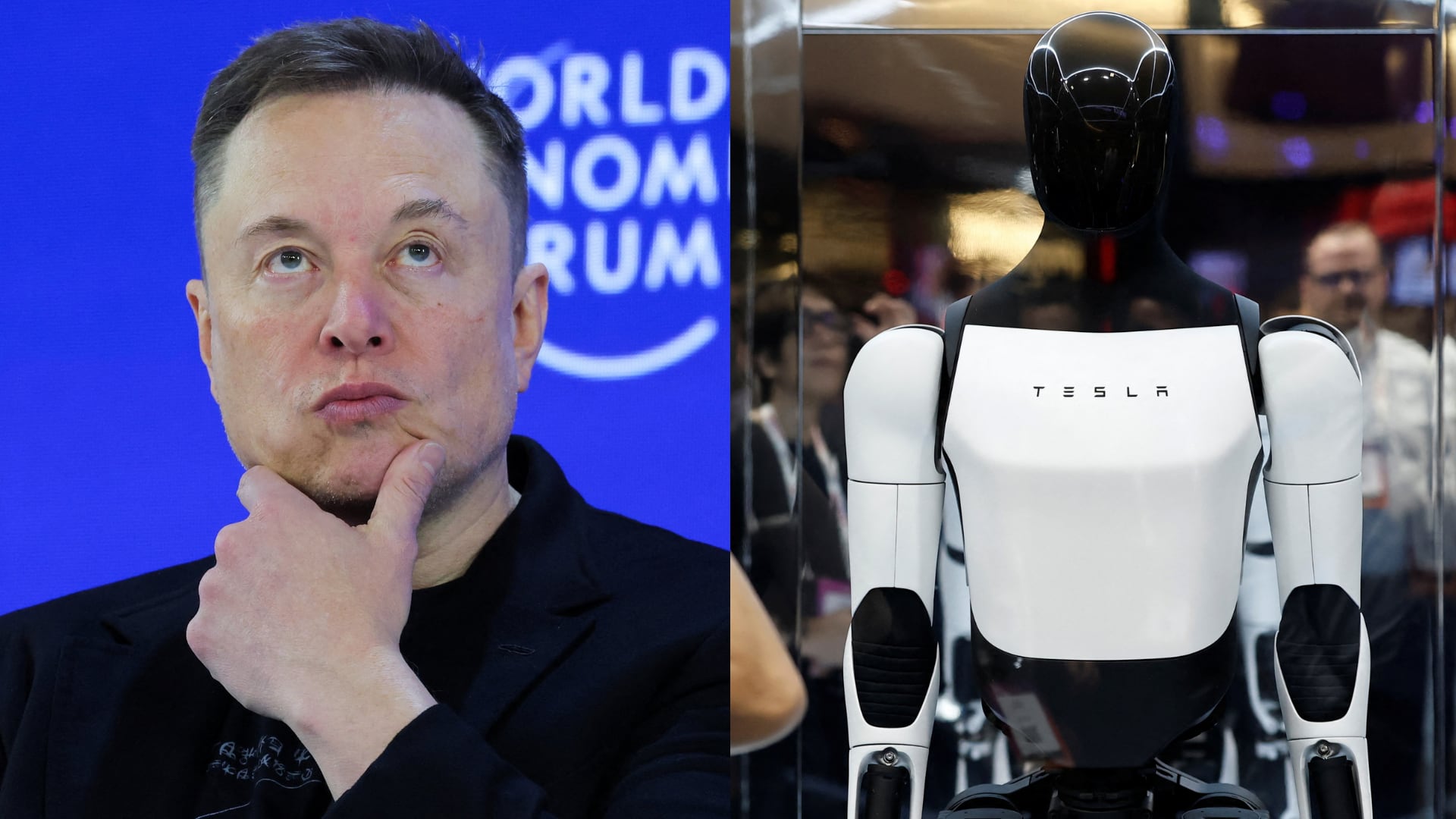 Elon Musk presentó en Davos su visión de robots humanoides para asistir a adultos mayores ante la escasez de cuidadores. (Composición Infobae: REUTERS/Denis Balibouse/Benoit Tessier)