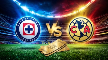 Escudos de Cruz Azul y Club América con un VS dorado en el centro y dos boletos sobre el césped de un estadio iluminado de noche.