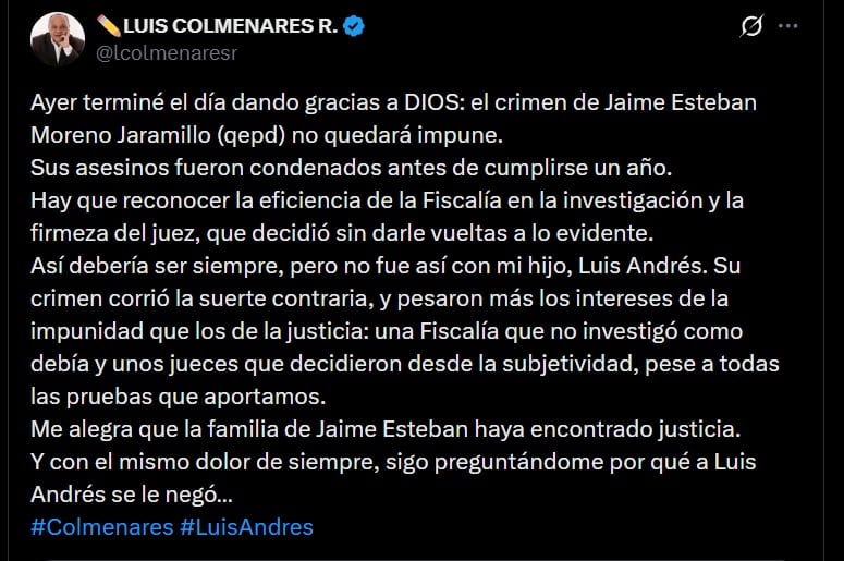 Luis Colmenares cuestionó la labor de los fiscales y jueces que emitieron fallos basados en la subjetividad durante el proceso judicial de su hijo - crédito @lcolmenaresr / X