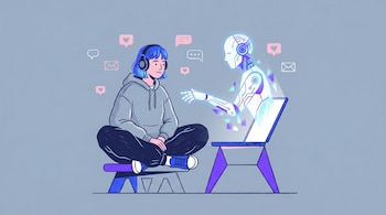 Ilustración plana de una persona de la Generación Z con cabello azul y auriculares sentada, frente a una laptop con una figura luminosa de IA. Íconos de chat, mensajes y corazones flotan alrededor.