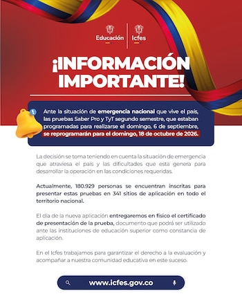 El Icfes reprogramó las pruebas Saber Pro y Saber TyT del segundo semestre de 2026 por la emergencia nacional causada por el sismo en Colombia - crédito Icfes