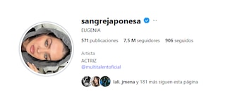 Captura de pantalla de un perfil de Instagram con foto de perfil de una mujer, nombre de usuario 'sangrejaponesa', Eugenia, 7,5 millones de seguidores