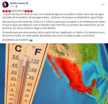 Publicación en Facebook donde la candidata e influencer Paola Suárez llama a tirar agua a la calle para fortalecer las nubes